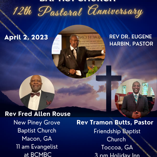 A flyer for the 12th Pastoral Anniversary on April 2, 2023, with Rev. Fred Allen Rouse and Rev. Tramon Botts.